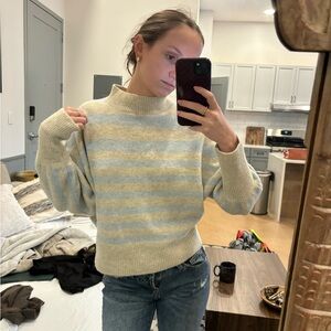 Cozy Striped Crewneck Sweater - Light Blue & Cream